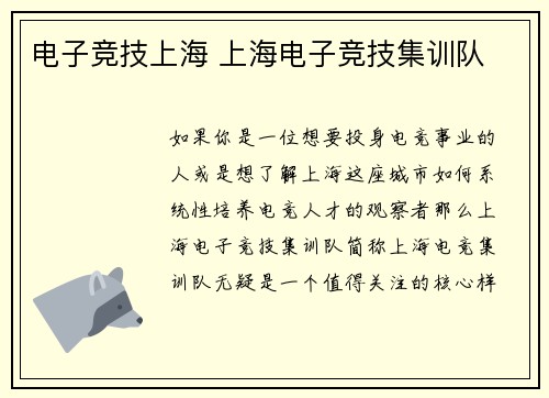 电子竞技上海 上海电子竞技集训队
